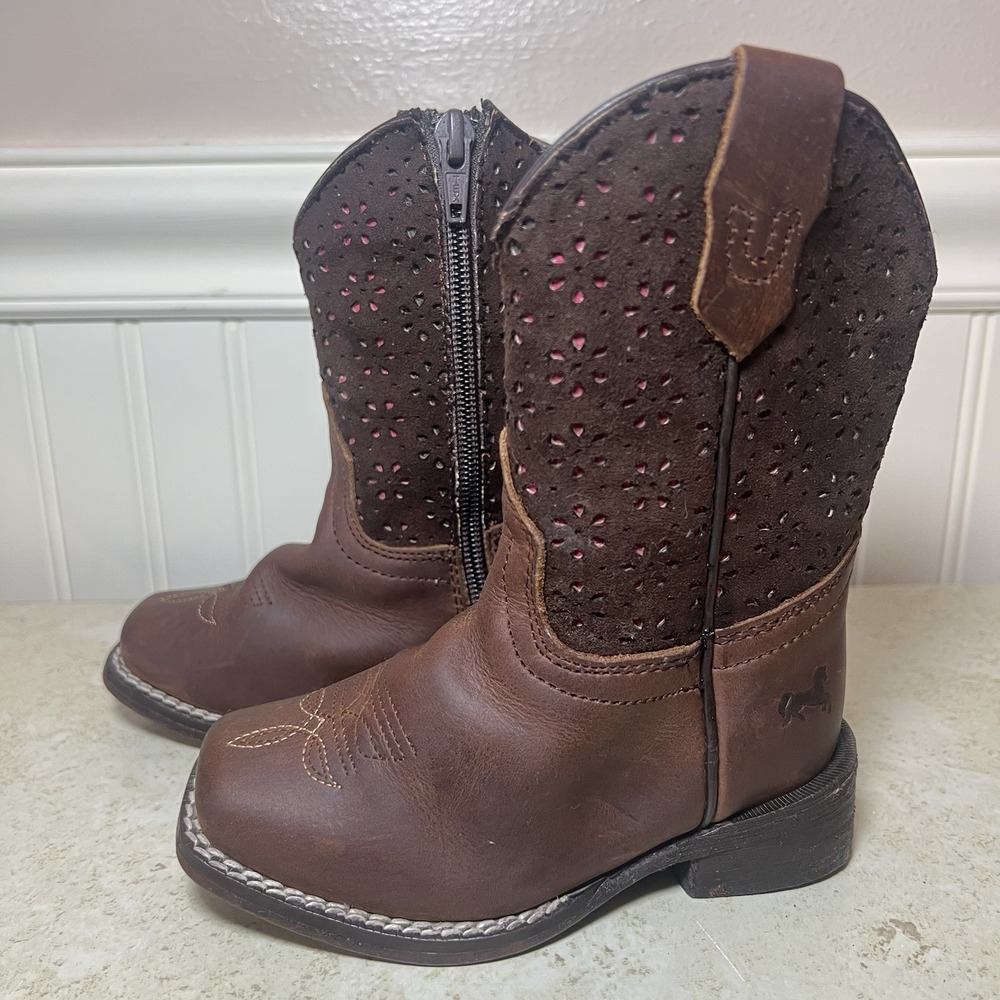 Pecos Bill Jr Toddler Girls Leather Cowboy Boots Size 8 Brown Flower Cutout Zip